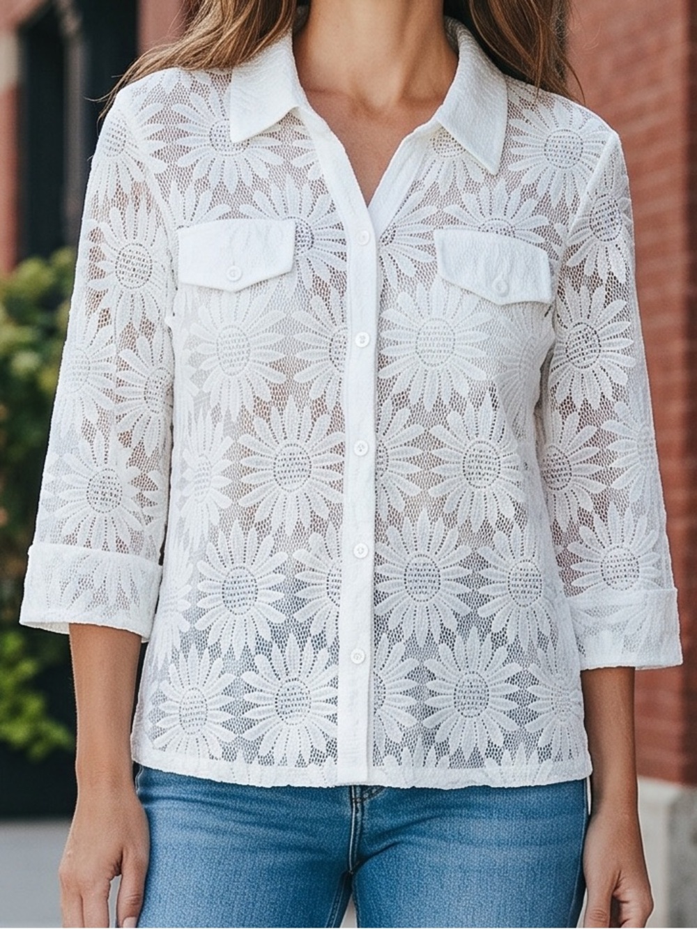 Women's White Lace Floral Button-Front Blouse - Lightweight Collared Shirt